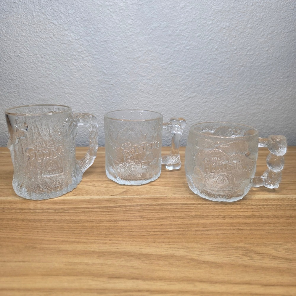 Vintage 1993 McDonald's RocDonalds Flintstones Clear Glass Mugs Cups Set of 3